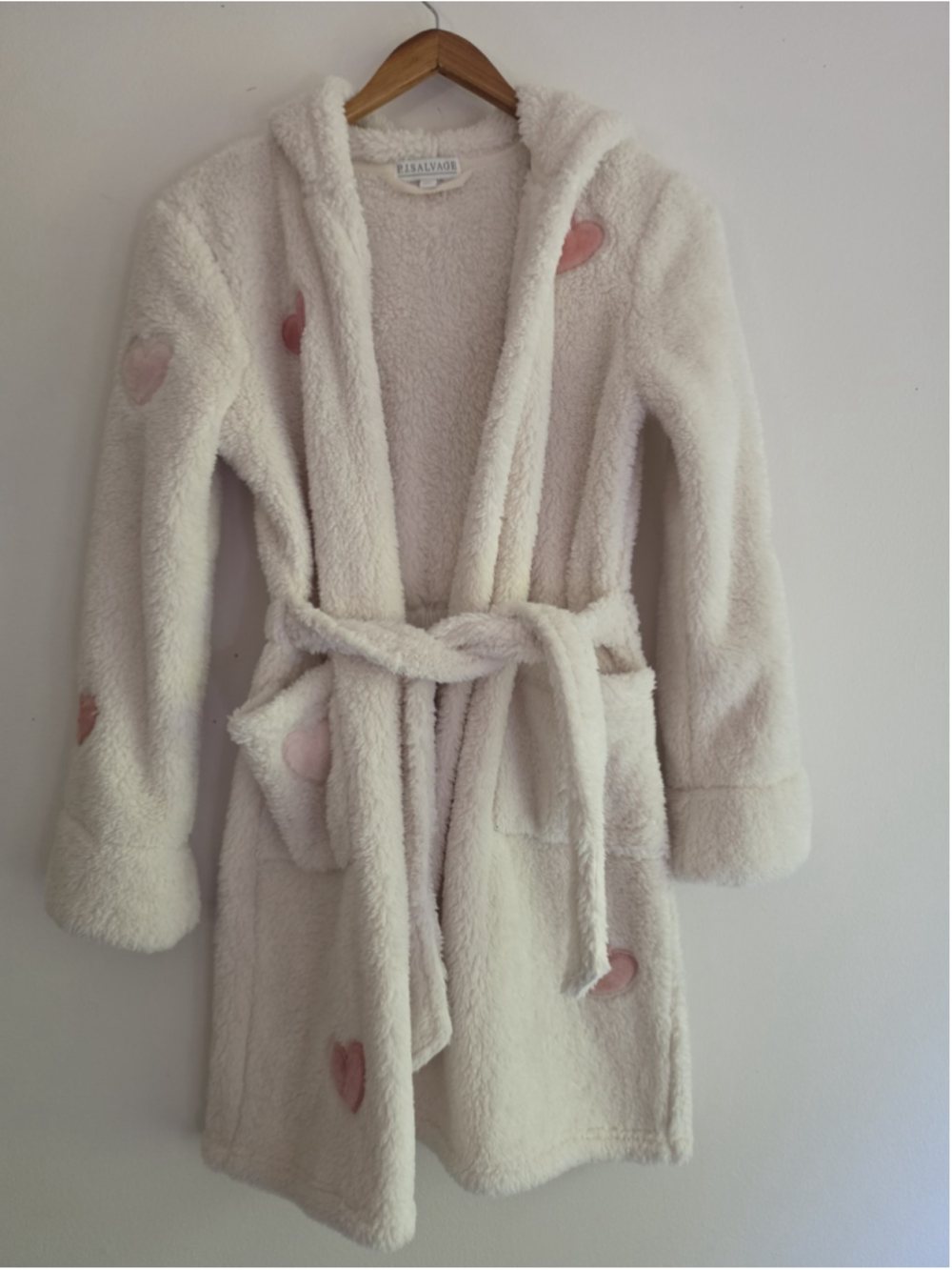 NWT P.J. Salvage Day Dream Heart Robe Ivory Cream Sherpa Hooded Fleece Medium
